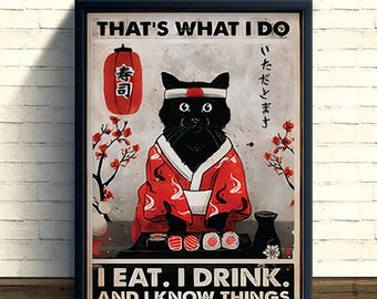 Grappige sushi kat poster, kattenliefhebber kunstprint, muurdecoratie Japanse cultuur, eten en drinken humor, anime fan cadeau, decor Aziatisch thema