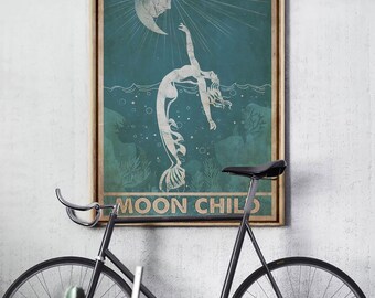Stay Wild Moon Child Poster, Mermaid Lover Gift Wall Art, Celestial Boho Home Decor, Spiritual Quote Print, Vintage Fantasy Friend Gift