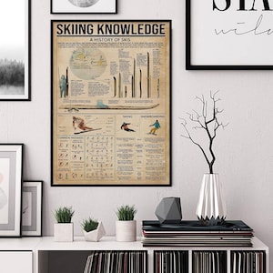 May include: A framed poster titled "Skiing Knowledge" with a vintage aesthetic. The poster details the history of skis, common mistakes, and skiing and snowboarding techniques. The poster is displayed on a white wall.