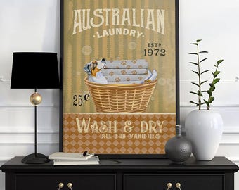 Póster de lavandería australiana, arte de pared vintage, decoración de pared para lavandería, póster de cesta de ropa sucia con forma de perro, decoración para lavadero, letrero de lavandería, arte de pared para lavandería
