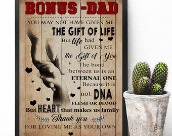 Bonus Dad Gift Poster, Stepdad Wall Art, Father's Day Print, From Son Or Daughter, Thank You Quote Poster, Family By Heart Wall Decor