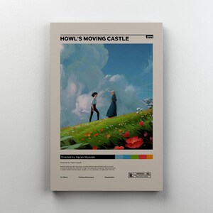 May include: A poster for the animated film "Howl's Moving Castle" features two figures on a grassy hill with flowers, set against a cloudy sky. The title and year, 2004, are at the top. Directed by Hayao Miyazaki.