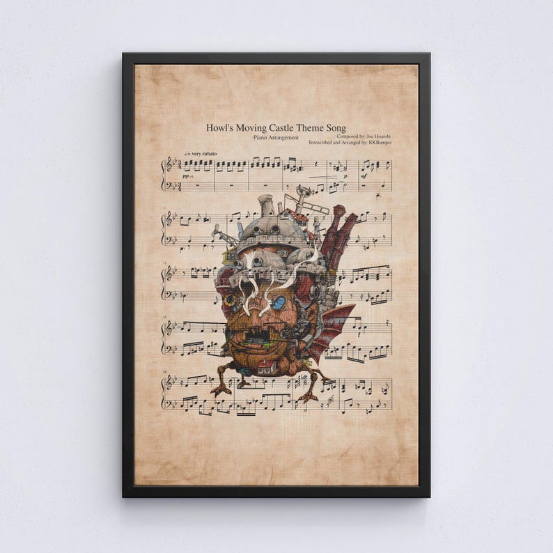 May include: Framed print of sheet music for "Howl's Moving Castle Theme Song." The artwork features a detailed illustration of the moving castle from the film, superimposed over the musical notes. The print is in a black frame.
