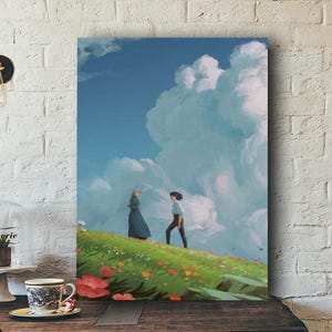 May include: A canvas print depicts two figures on a grassy hill under a blue sky with large, fluffy clouds. One figure wears a long blue dress, the other a light blue shirt and dark pants. The scene is filled with colorful flowers.