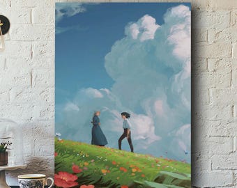 Póster de El castillo ambulante, lámina de anime de Studio Ghibli, decoración romántica de fantasía, arte de Sophie y Howl, regalo de animación japonesa