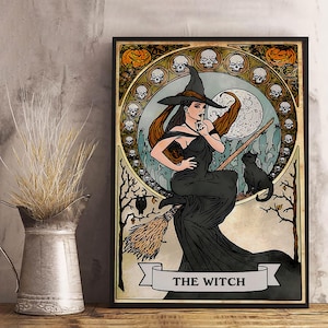 The Witch Tarot Card Poster, Art Nouveau Halloween Wall Art, Gothic Witchy Home Decor Print, Wiccan Pagan Altar Art, Spooky Season Wall Art