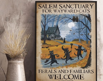 Salem Sanctuary Poster Or Canvas, Witch Halloween Decor, Cat Lover Wall Art, Halloween Decoration, Rustic Home Decor, Witchcraft Art Print