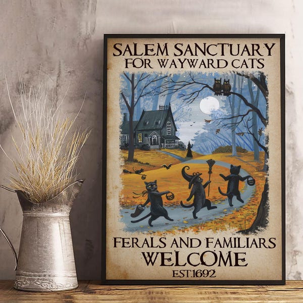 Plakat lub płótno z Salem Sanctuary, dekoracja na Halloween dla czarownic, grafika ścienna dla miłośników kotów, dekoracja na Halloween, rustykalny wystrój domu, wydruk artystyczny o tematyce czarownic