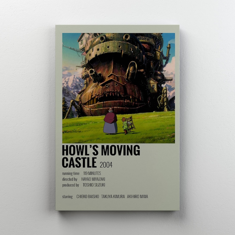May include: Poster for the animated film "Howl's Moving Castle" featuring a large, detailed mechanical castle on a green field. The poster includes the film's title, year, runtime, director, producer, and starring cast.