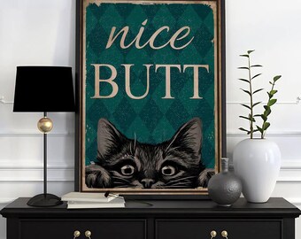 Rolig kattposter eller canvas, kattväggkonst, söt katttryck, present till husdjursälskare, djurdekor, katthumorskylt, heminredning, present till kattägare