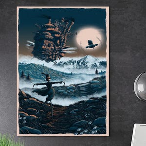 May include: A framed art print featuring a fantasy landscape with a large, detailed airship in the sky. A scarecrow-like figure stands in a field, with mountains and a full moon in the background. The color palette is primarily blues and browns.