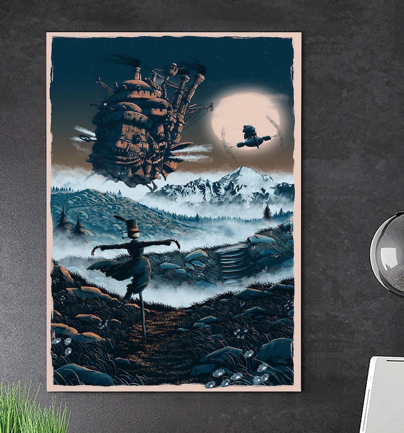 May include: A framed art print featuring a fantasy landscape with a large, detailed airship in the sky. A scarecrow-like figure stands in a field, with mountains and a full moon in the background. The color palette is primarily blues and browns.