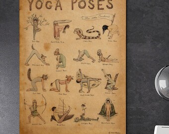 Affiche drôle de poses de yoga, impression de diagramme d'asanas vintage, art mural cadeau de remise en forme Yogi, décoration de méditation pour un ami, cadeau de pendaison de crémaillère de professeur de yoga