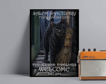 Salem Cat Sanctuary Poster Or Canvas, Ferals And Familiars Welcome Art Print, Black Cat Lover Wall Art, Wiccan Gift, Halloween Poster