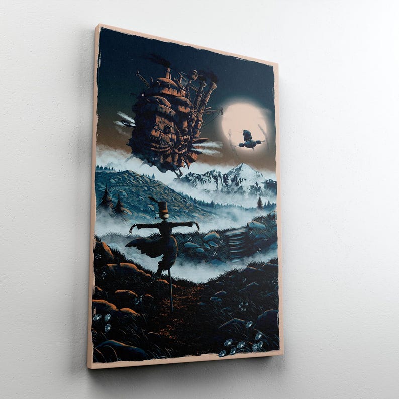 May include: A framed art print featuring a fantasy landscape with a moving castle, a scarecrow, and a flying object against a night sky. The artwork has a vintage, painterly style with a color palette of blues, browns, and whites.