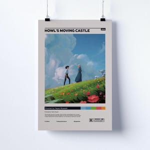 May include: A poster for the animated film "Howl's Moving Castle" features two figures on a grassy hill with flowers, set against a cloudy sky. The poster includes the film's title, director, and a color palette.