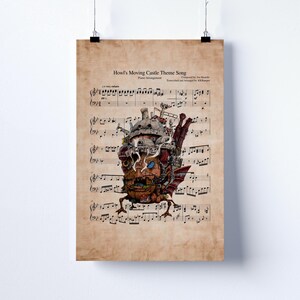 May include: A poster featuring sheet music titled "Howl's Moving Castle Theme Song." The sheet music has a detailed illustration of the moving castle from the film. The poster is printed on aged paper.
