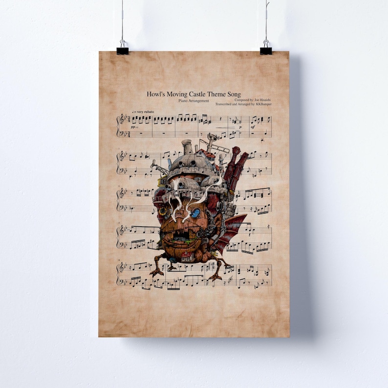 May include: A poster featuring sheet music titled "Howl's Moving Castle Theme Song." The sheet music has a detailed illustration of the moving castle from the film. The poster is printed on aged paper.