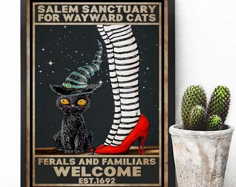 Halloween Blechschild 'Salem Sanctuary For Wayward Cats' – Retro Kürbis Katze Design, 20x30 Cm