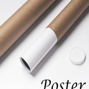 May include: Two brown cardboard tubes, one partially unrolled to reveal a white interior, and a white cap. The word "Poster" is written in black script on a white surface.