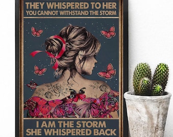Toile ou poster citation Je suis la tempête, affiche inspirante de femme forte, impression d'art féministe, décoration papillon pour elle, idée cadeau survivante