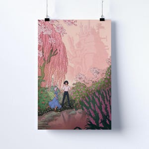 May include: A pink and peach-toned art print featuring a whimsical scene with two figures in a garden. A large pink tree and a castle-like structure are in the background. The figures are walking on a stone path. The art style is reminiscent of an animated film.