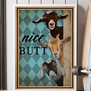 Póster vintage o lienzo de cabra con buen trasero, póster de animales, póster de cabra con amor, póster de cabra con trasero, arte mural divertido de cabra con buen trasero, póster de baño