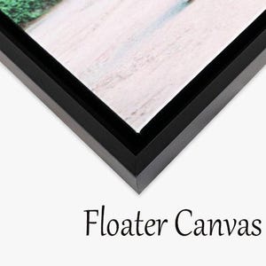 May include: A black floater frame surrounds a canvas print. The canvas has a white and light-coloured surface. The words "Floater Canvas" are written in black script at the bottom of the image.