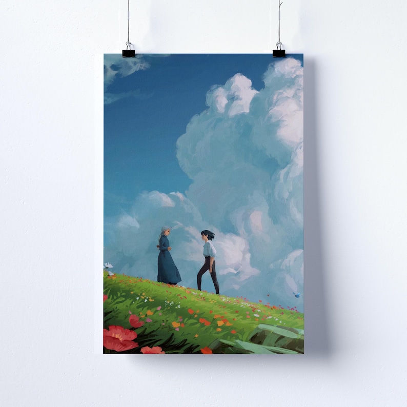 May include: A poster print featuring a serene landscape with two figures on a grassy hill, under a bright blue sky filled with fluffy white clouds. The scene is filled with colorful flowers.