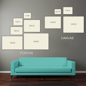 May include: A collection of framed art prints in various sizes, including 76x51 cm, 61x76 cm, and 91x61 cm, labelled "Poster" and "Canvas." A teal sofa is positioned below the display against a grey wall.