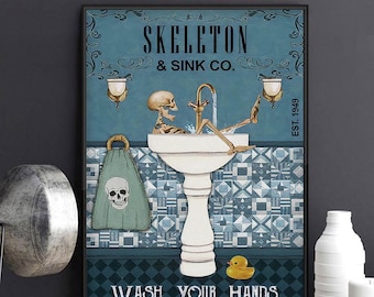 Impresión artística de Skeleton Sink Co., póster o lienzo para lavarse las manos, arte gótico para pared de baño, decoración macabra y divertida para el hogar, póster vintage de Halloween