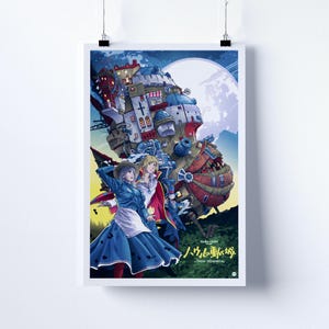 May include: A poster featuring a vibrant illustration from the animated film "Howl's Moving Castle." The artwork shows a fantastical castle structure with characters in the foreground, set against a moonlit sky. The poster is mounted on a white wall.