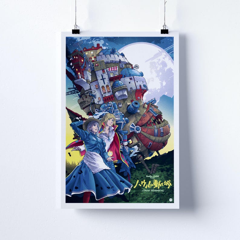 May include: A poster featuring a vibrant illustration from the animated film "Howl's Moving Castle." The artwork shows a fantastical castle structure with characters in the foreground, set against a moonlit sky. The poster is mounted on a white wall.