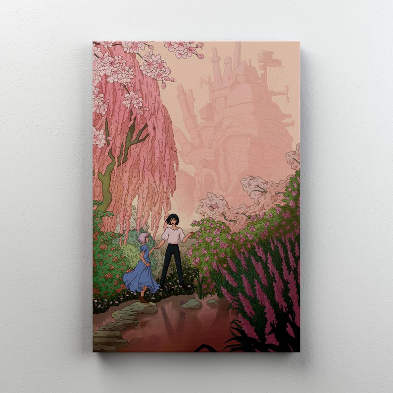 May include: An illustration of a couple walking in a garden with a castle in the background. The artwork features a pink and peach color palette, with cherry blossoms and lush greenery. The couple is holding hands.