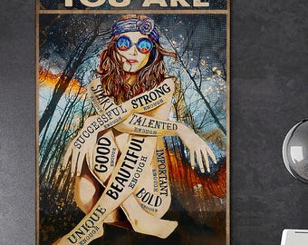 You Are Enough Hippie Poster, Positive Affirmations Wall Art, Self Love Quote Print, Gift For Friend Wall Decor, Strong Woman Inspirational