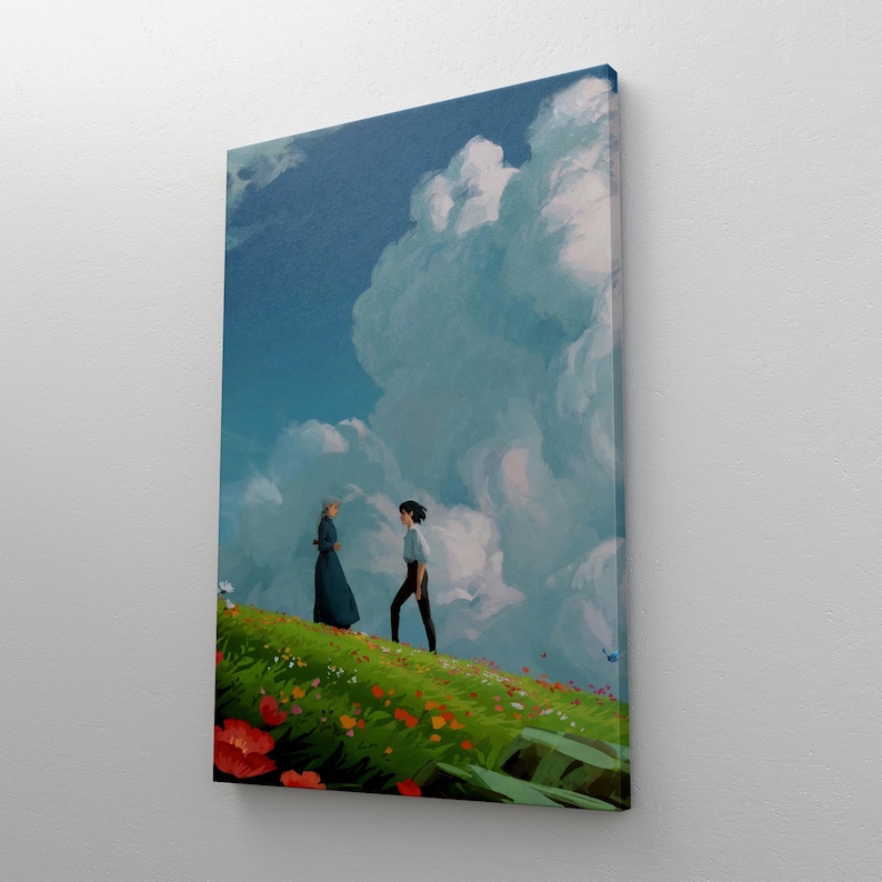 May include: A canvas print featuring a scene with two figures on a grassy hill with flowers, under a blue sky with large, fluffy clouds. One figure wears a long blue dress, the other a white shirt and dark pants.