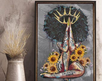 Black Queen Yoga Poster Or Canvas, Afro Woman Art Print, Positive Affirmations Home Decor, Spiritual Wall Art, Black Girl Magic Poster