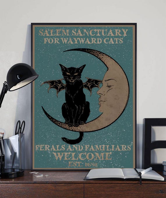 Salem Sanctuary Cat Lover Poster Or Canvas, Witch Familiar Wall Art, Gothic Halloween Decor, Wayward Cat Moon Graphic, Occult Pet Artwork