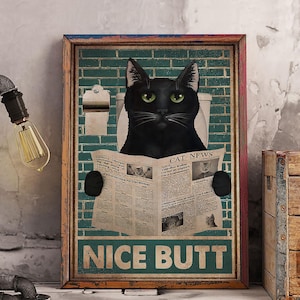 おもしろ猫ポスターまたはキャンバスバスルーム装飾、猫好きポスター、ユーモアのあるペットギフト、動物好きプリント、子猫のユーモアポスター、新聞を読む猫