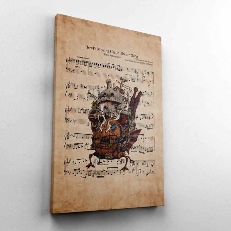 May include: A canvas print of sheet music titled "Howl's Moving Castle Theme Song." The artwork depicts the moving castle from the film, in brown, red, and grey tones. The background is a vintage-style paper, with musical notes and text.