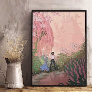 May include: A framed art print featuring an anime-style illustration of two figures in a pink-hued garden. The scene includes a weeping cherry tree, a stone path, and a distant castle. The figures are holding hands.