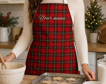 Red Tartan Plaid Name Apron | Personalized Kitchen Apron, Christmas Cooking Apron