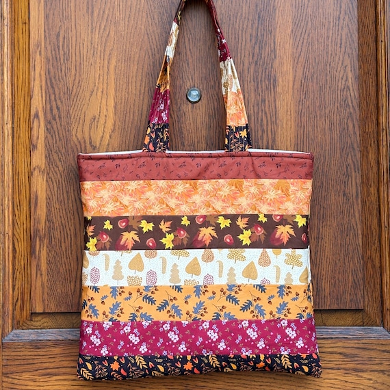 Handmade Quilted Cotton Fall Tote Bag: Autumn Flowers Travel Shoulder Bag