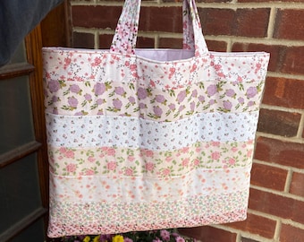 Handmade Quilted Cotton Tote Bag: Floral Coquette Travel Shoulder Bag