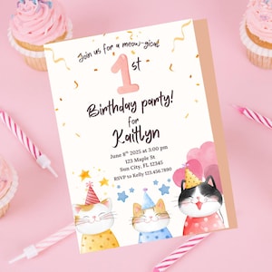 Cat Theme First Birthday Invitation: Whimsical Feline Design (Digital Download)