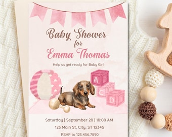 Dacshund Theme Baby Shower Invitation, Made-to-Order Digital Download, Printable, Shareable