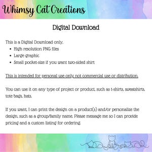 May include: Digital download graphic from Whimsy Cat Creations. The text states it is for personal use only and can be used on t-shirts, sweatshirts, tote bags, and hats. The image includes a watercolor design with cat silhouettes.