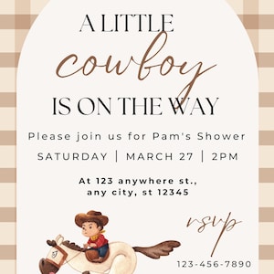 Uitnodiging babyshower cowboythema, op bestelling gemaakte digitale download, afdrukbaar, deelbaar