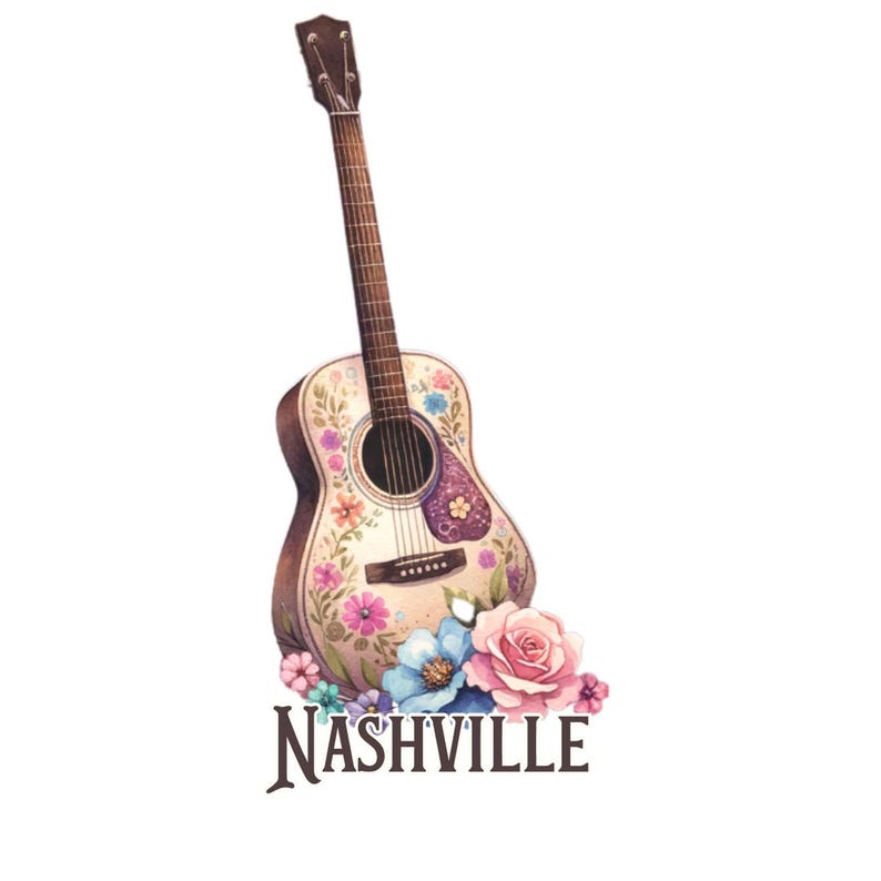 May include: Watercolor illustration of an acoustic guitar decorated with colorful flowers. The guitar has a white body, a brown neck, and a purple pickguard. The word "Nashville" is written in a dark brown font below the guitar.