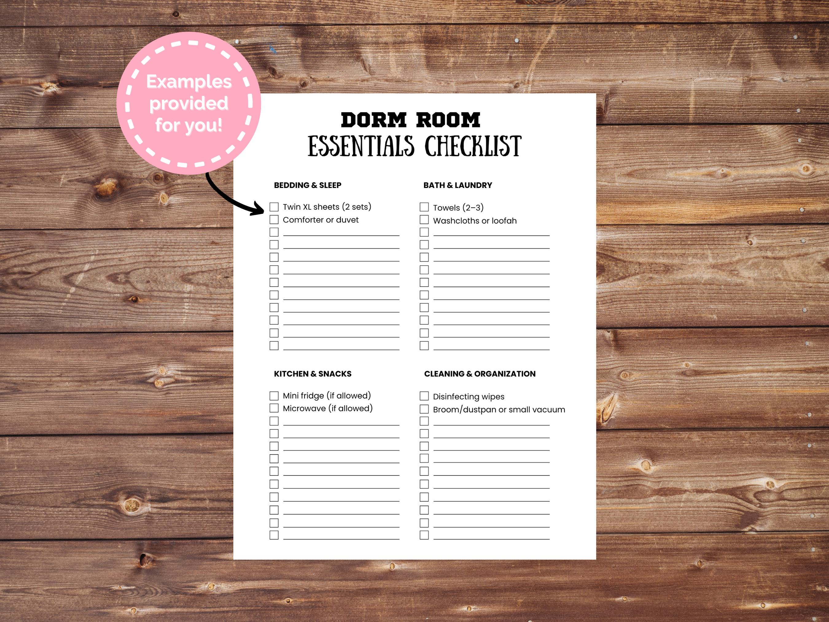 Dorm Room Essentials Checklist Printable | College Packing List ...